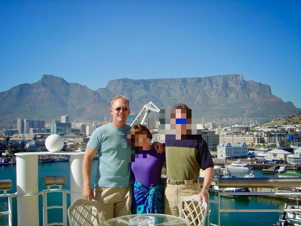 Canadian VIP guests on a Cape Town balcony with Table Mountain and the harbour in the background, February 2004